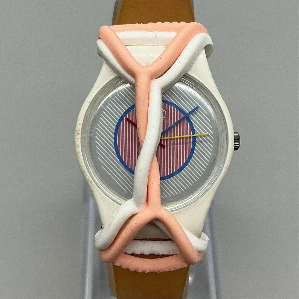 Vtg Swatch Raspberry Womens Watch 25mm White Blue Dial Brown Strap New Battery